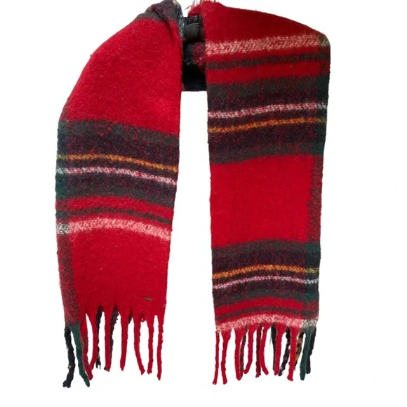 Hollister Plaid Blanket Scarf NWOT Red Multi Plaid with Long Fringe One Size - Picture 3 of 9